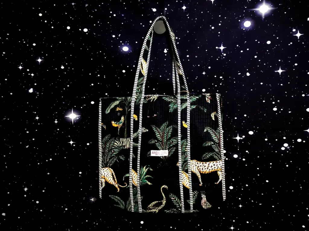 Tote Bag - Big organic cotton - Black with leopard, birds and trees and reverse side stripes