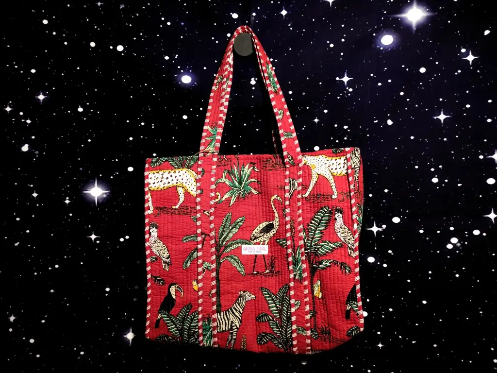 Tote Bag - Big organic cotton - Red bird and leopard and reverse side big flower pattern