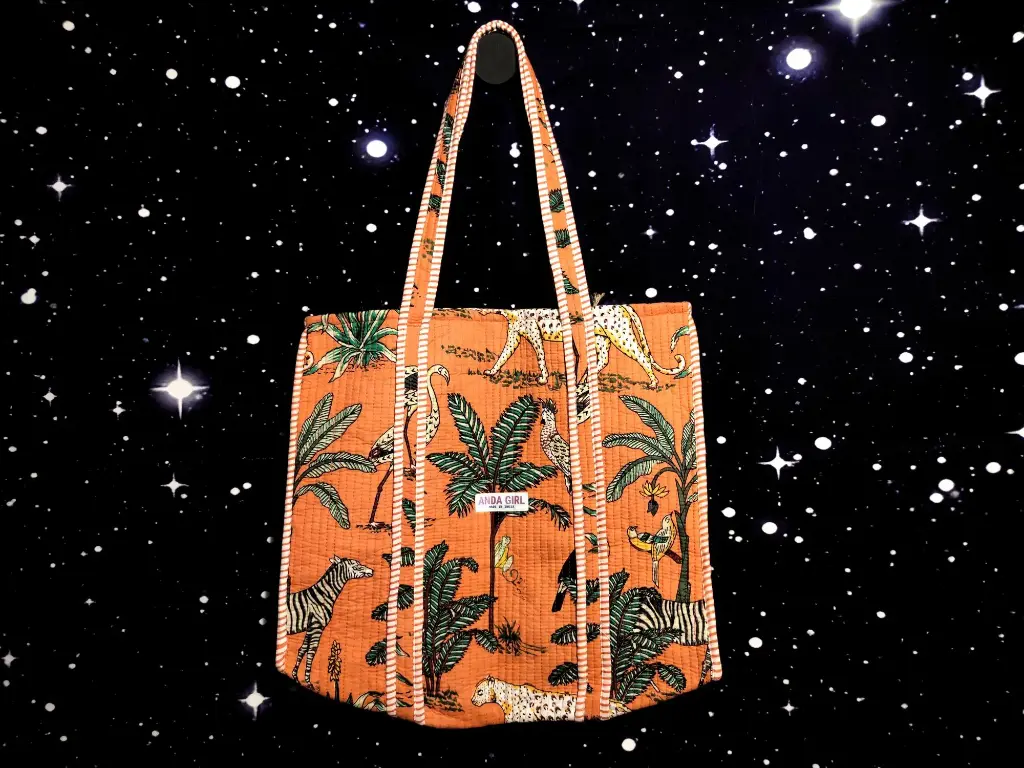 Tote Bag - Big organic cotton - Orange with zebras, cats, trees and reverse side stripes