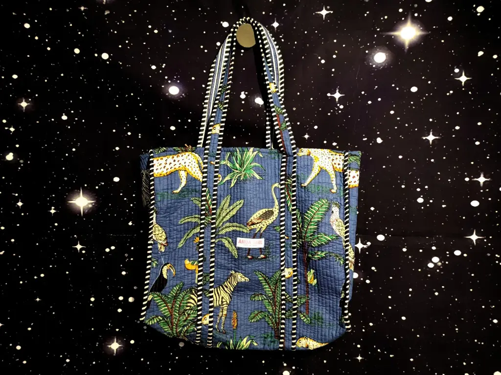 Tote Bag - Big organic cotton - Blue with zebras, cats, trees and reverse side stripes