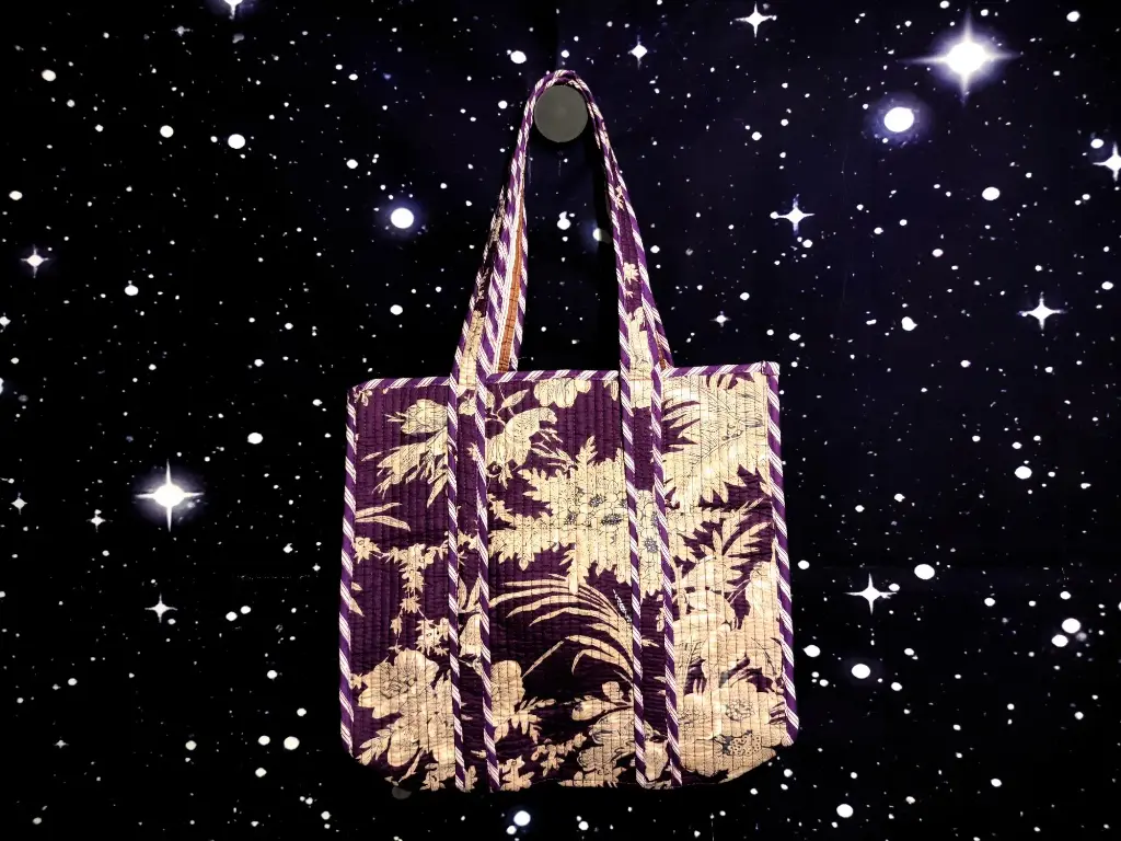 Tote Bag - Small organic cotton - Purple floral and reverse side pocket and stripes
