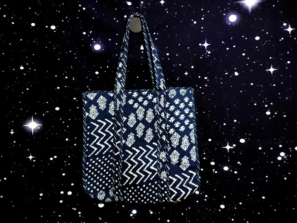 Tote Bag - Small organic cotton - Blue indigo blocks and reverse side pocket and pintex