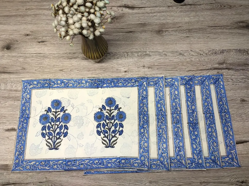 blue flower bouquet block printed on organic cotton dining set