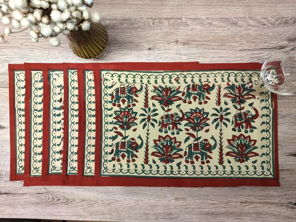elephants in the forest block printed on organic cotton dining set