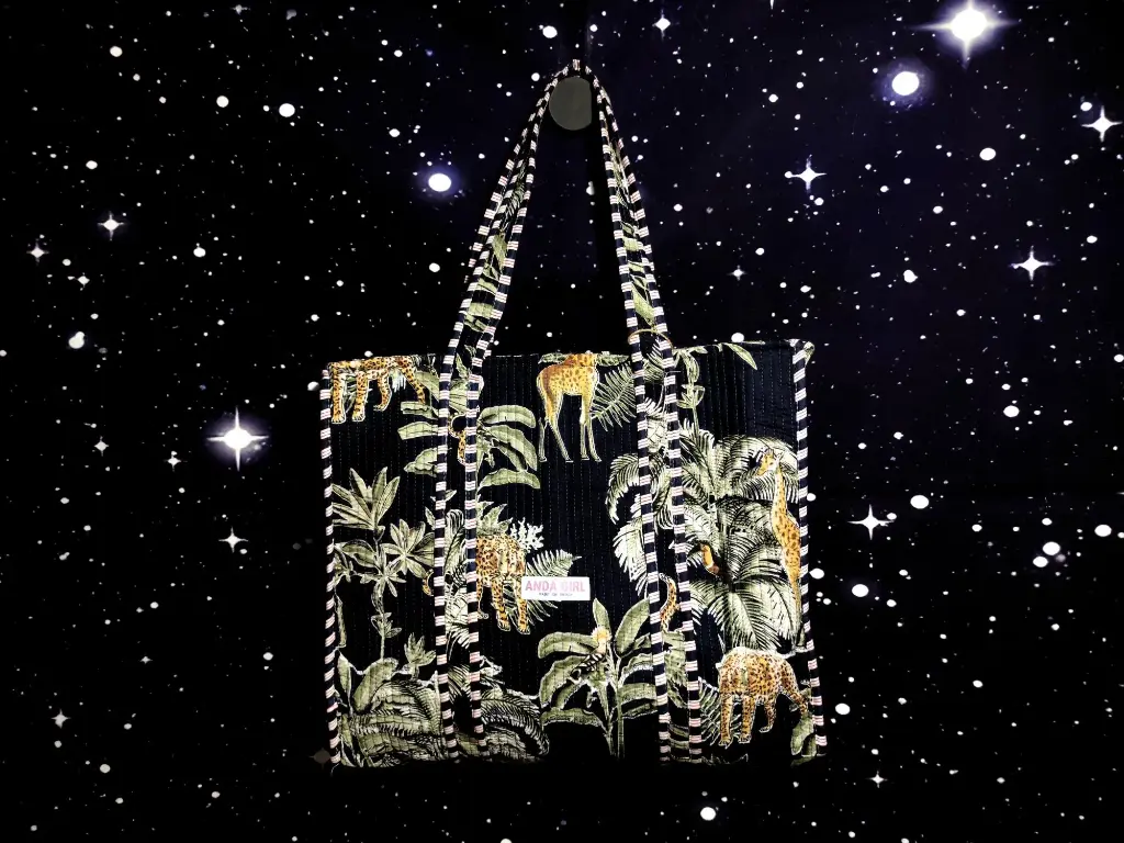 Tote Bag - Big organic cotton - Black with leopard and reverse side ikat
