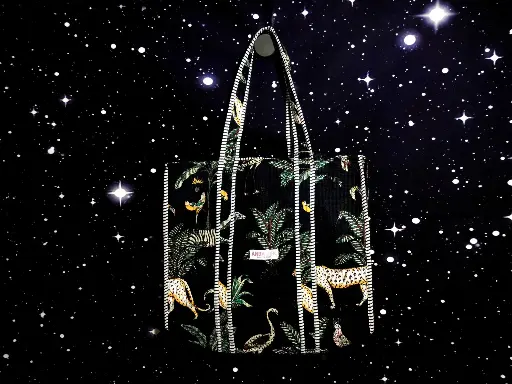 Tote Bag - Big organic cotton - Black with leopard, birds and trees and reverse side stripes