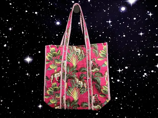 Tote Bag - Big organic cotton - Pink with cats, monkeys and trees and reverse side flower pattern