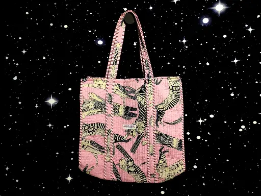 Tote Bag - Big organic cotton - Pink with light brown cats and reverse side plant pattern