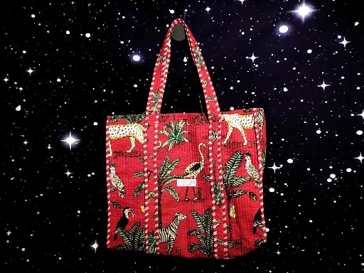 Tote Bag - Big organic cotton - Red bird and leopard and reverse side big flower pattern