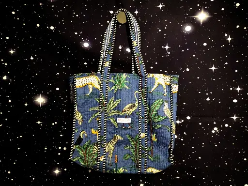 Tote Bag - Big organic cotton - Blue with zebras, cats, trees and reverse side stripes