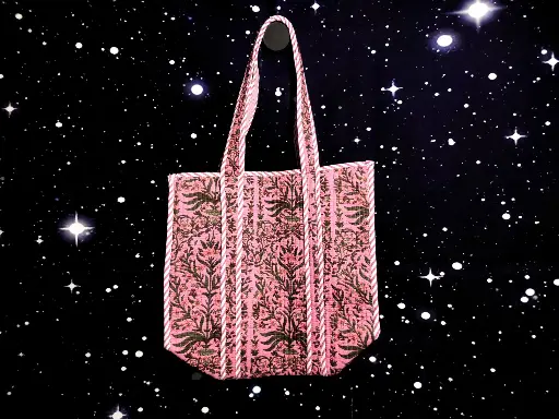 Tote Bag - Small organic cotton - Pink floral and reverse side pocket and pintex