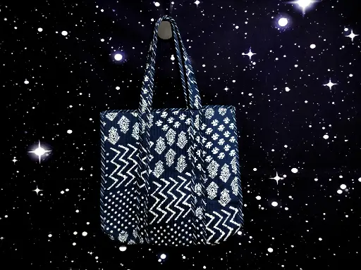 Tote Bag - Small organic cotton - Blue indigo blocks and reverse side pocket and pintex