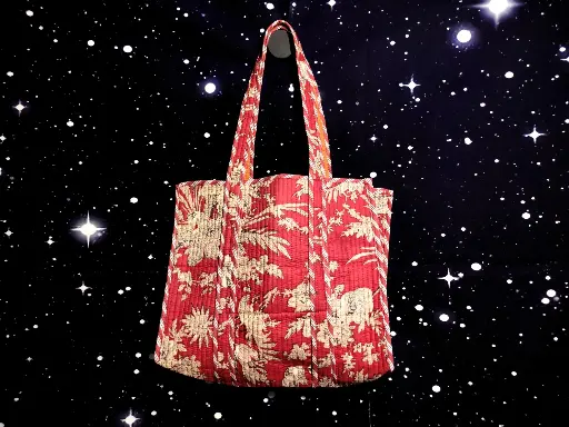 Tote Bag - Small organic cotton - Red floral and reverse side pocket and pink orange pintex