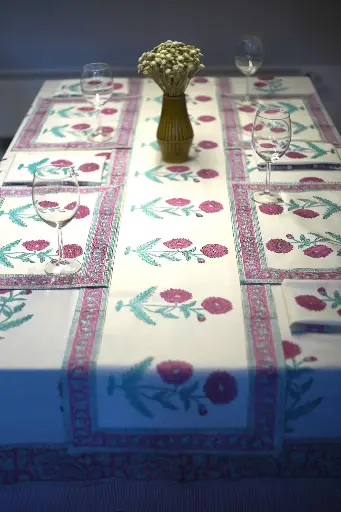 Pink flowers block printed organic cotton dining set