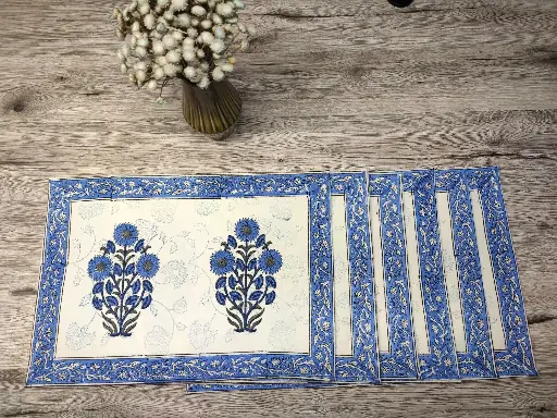 blue flower bouquet block printed on organic cotton dining set