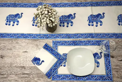 blue elephants block printed on organic cotton dining set