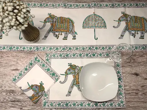 Royal elephant block printed on organic cotton dining set