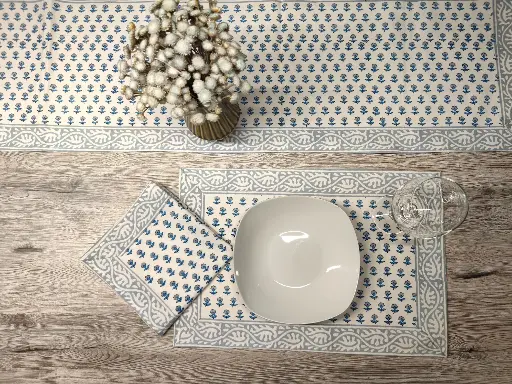 small flowers block printed on organic cotton dining set