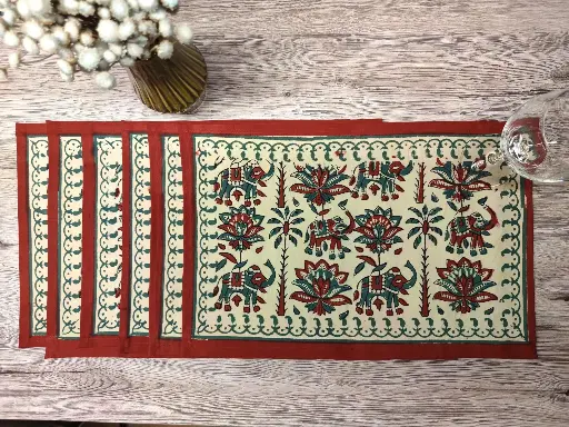 elephants in the forest block printed on organic cotton dining set