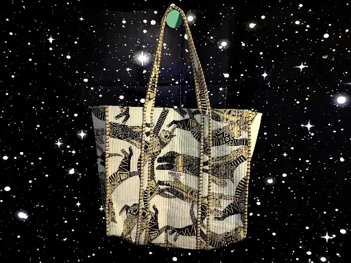 Tote Bag - Big organic cotton - White with light brown cats and reverse side stripes