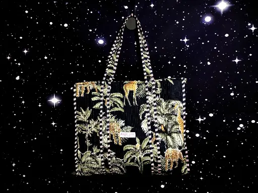 Tote Bag - Big organic cotton - Black with leopard and reverse side ikat