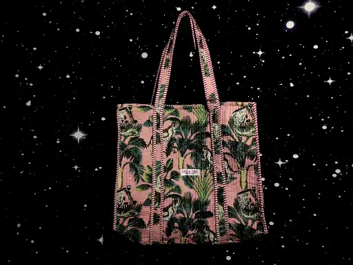 Tote Bag - Big organic cotton - Pink monkey and leopard and reverse side flower pattern